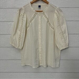 Old Navy Ivory Lace-Trim Button Up Blouse Size Medium